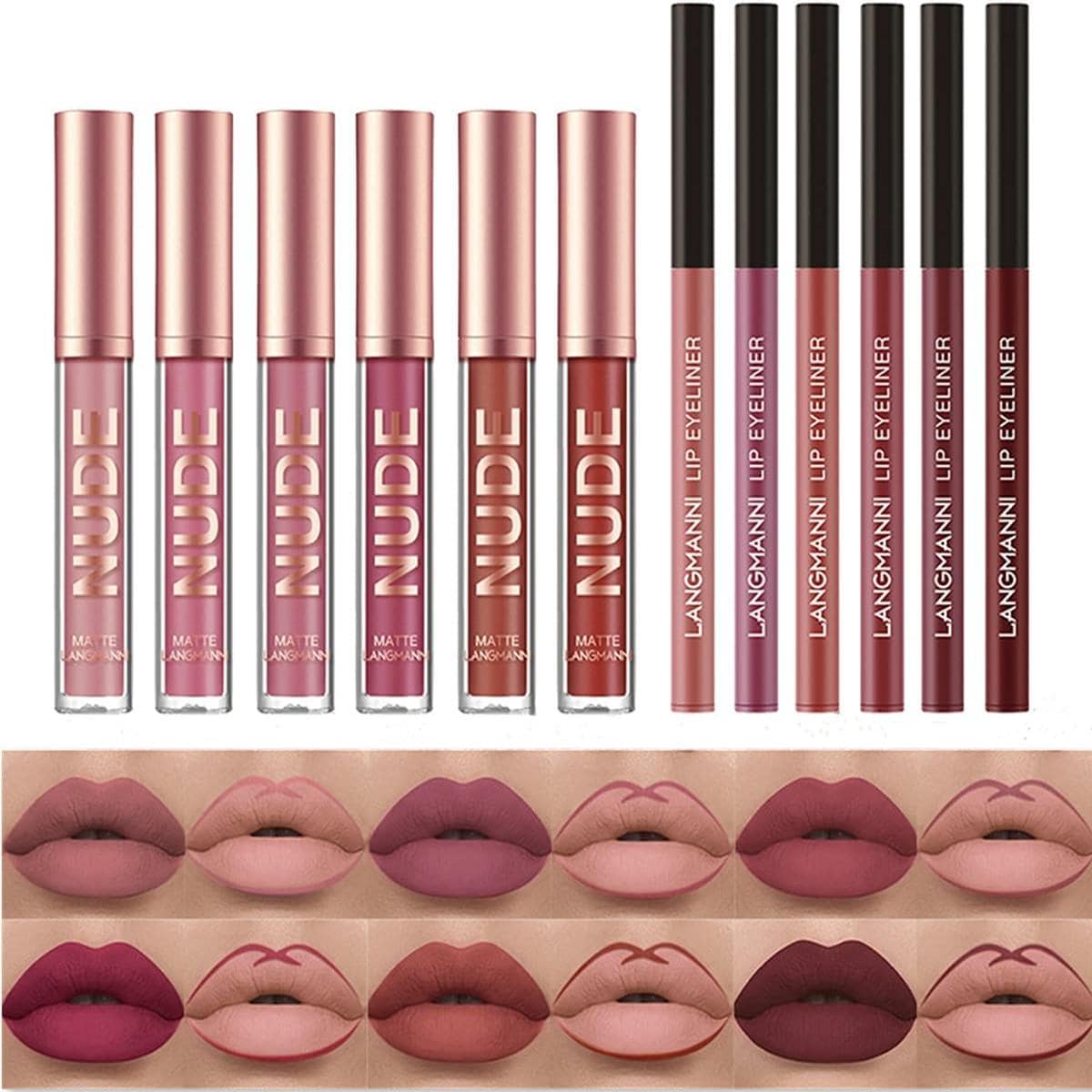 beauty glazed 12pcs Lipstick Makeup Set, 6pcs Velvety Matte Liquid Lipsticks + 6pcs Lip Liners Pencil, Waterproof Long Lasting Pigmented Professional Lip Gloss Kit Lip Make Up Gift Kit - 彩色 - 查看 1