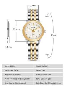BERNY 1pc Women Two Tone Stainless Steel Strap Business Date Water Resistant Round Dial Mechanical Watch, For Daily Life - White - View 5