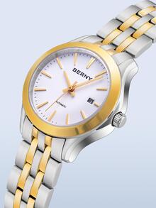 BERNY 1pc Women Two Tone Stainless Steel Strap Business Date Water Resistant Round Dial Mechanical Watch, For Daily Life - White - View 6