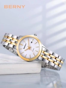 BERNY 1pc Women Two Tone Stainless Steel Strap Business Date Water Resistant Round Dial Mechanical Watch, For Daily Life - White - View 2