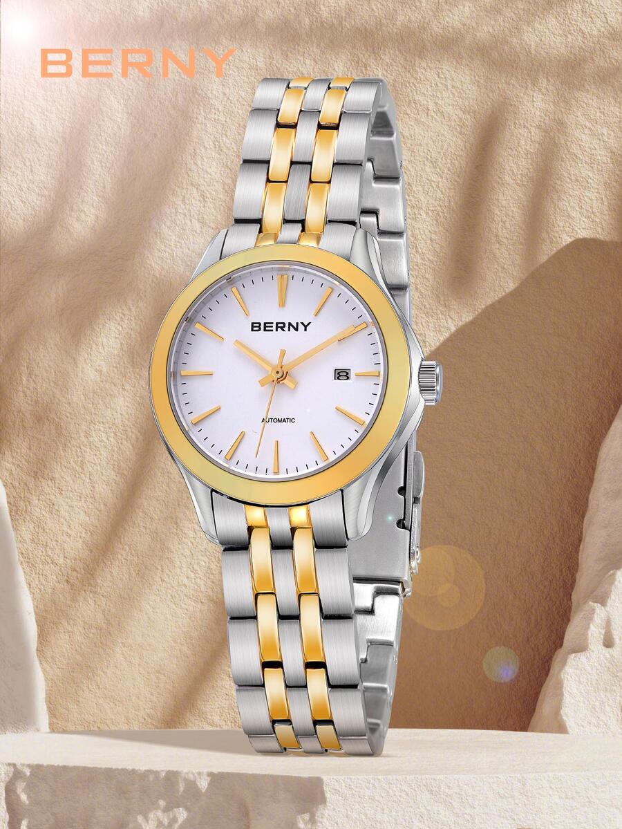 BERNY 1pc Women Two Tone Stainless Steel Strap Business Date Water Resistant Round Dial Mechanical Watch, For Daily Life - White - View 1