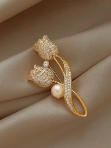 Rhinestone Flower Design Brooch - Gold - View 2