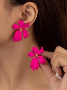 2pcs Flower Design Stud Earrings Valentines - Hot Pink - View 1