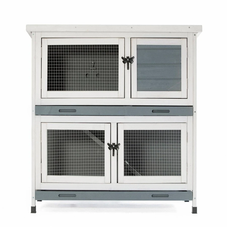 Two Layer Wooden Rabbit Hutches, Pet House Rabbit House with Stairs and Cleaning Tray, Pet Small Animals Cage for Indoors Outdoors - White - View 1