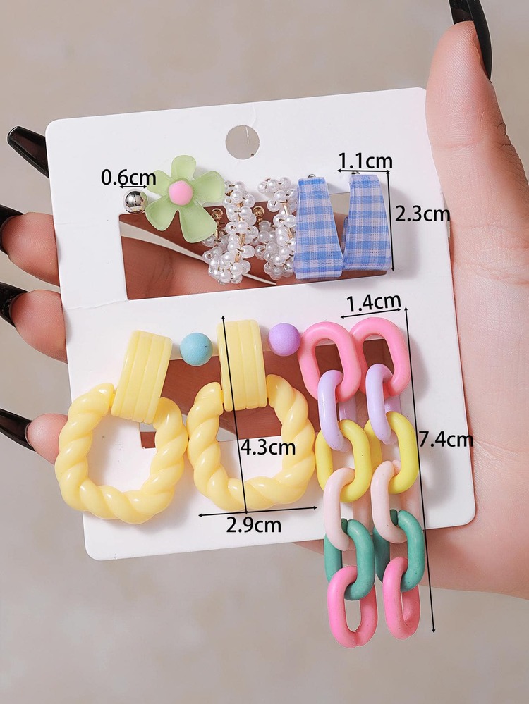 12 cái/bộ Bông tai trang trí chuỗi và hoa - Nhiều màu - Xem 4