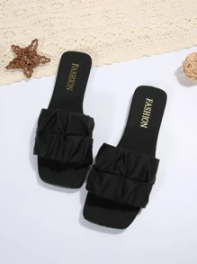 女式褶飾細節平底涼鞋，夏季優雅黑色拖鞋 - 黑色 - 查看 1