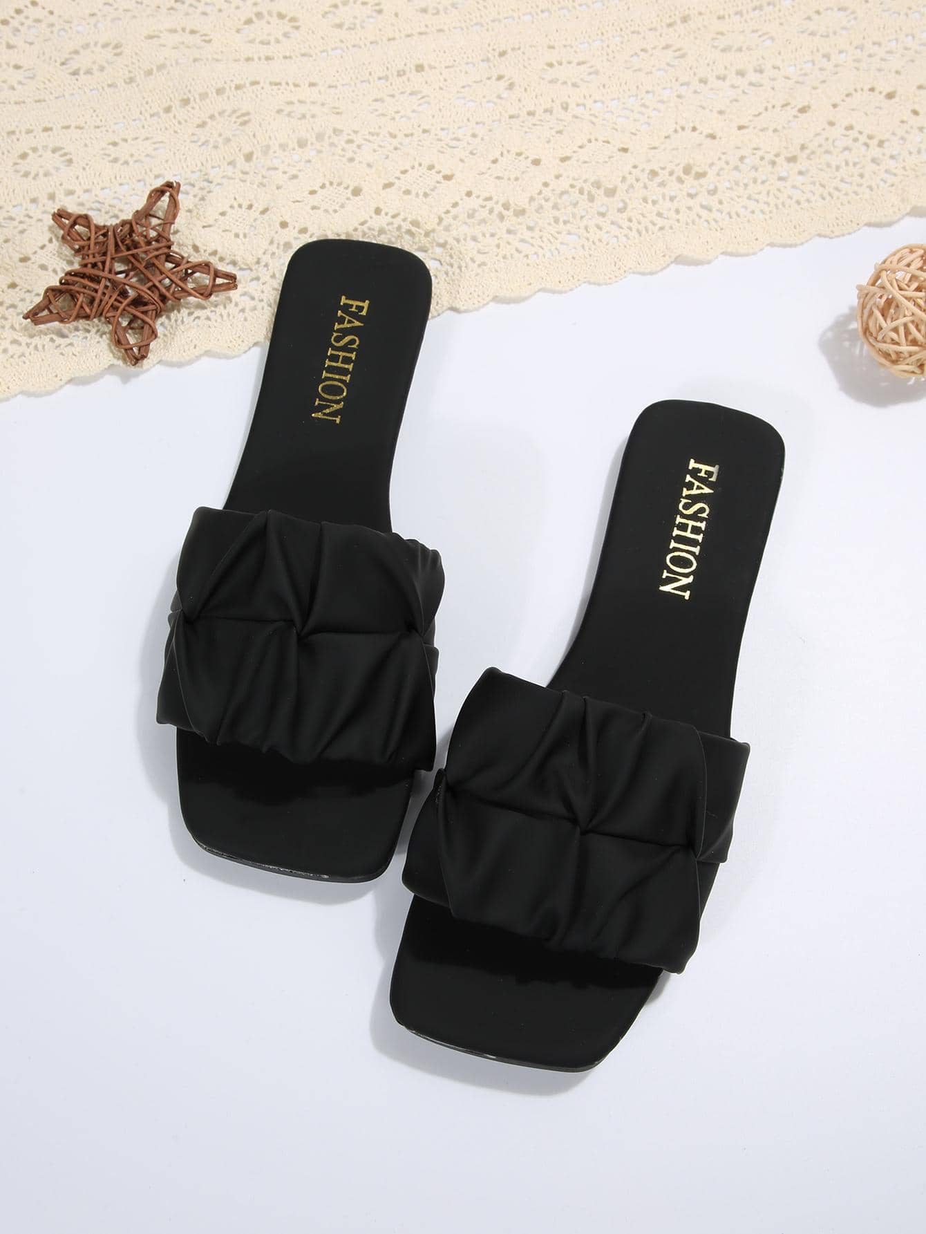 女式褶飾細節平底涼鞋，夏季優雅黑色拖鞋 - 黑色 - 查看 1