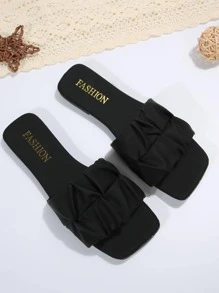 女式褶飾細節平底涼鞋，夏季優雅黑色拖鞋 - 黑色 - 查看 2