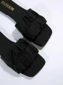 女式褶飾細節平底涼鞋，夏季優雅黑色拖鞋 - 黑色 - 查看 3