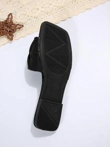 女式褶飾細節平底涼鞋，夏季優雅黑色拖鞋 - 黑色 - 查看 4