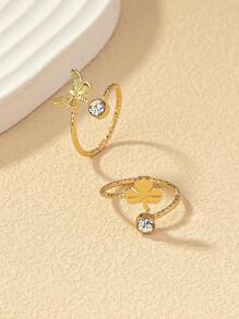 2件套欧美海滩度假蝴蝶叶子水钻脚链 - 金黃色 - 查看 2