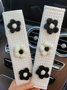 1入組花朵裝飾華夫鬆餅設計滌綸汽車座椅皮帶護肩 - 黑與白 - 查看 3