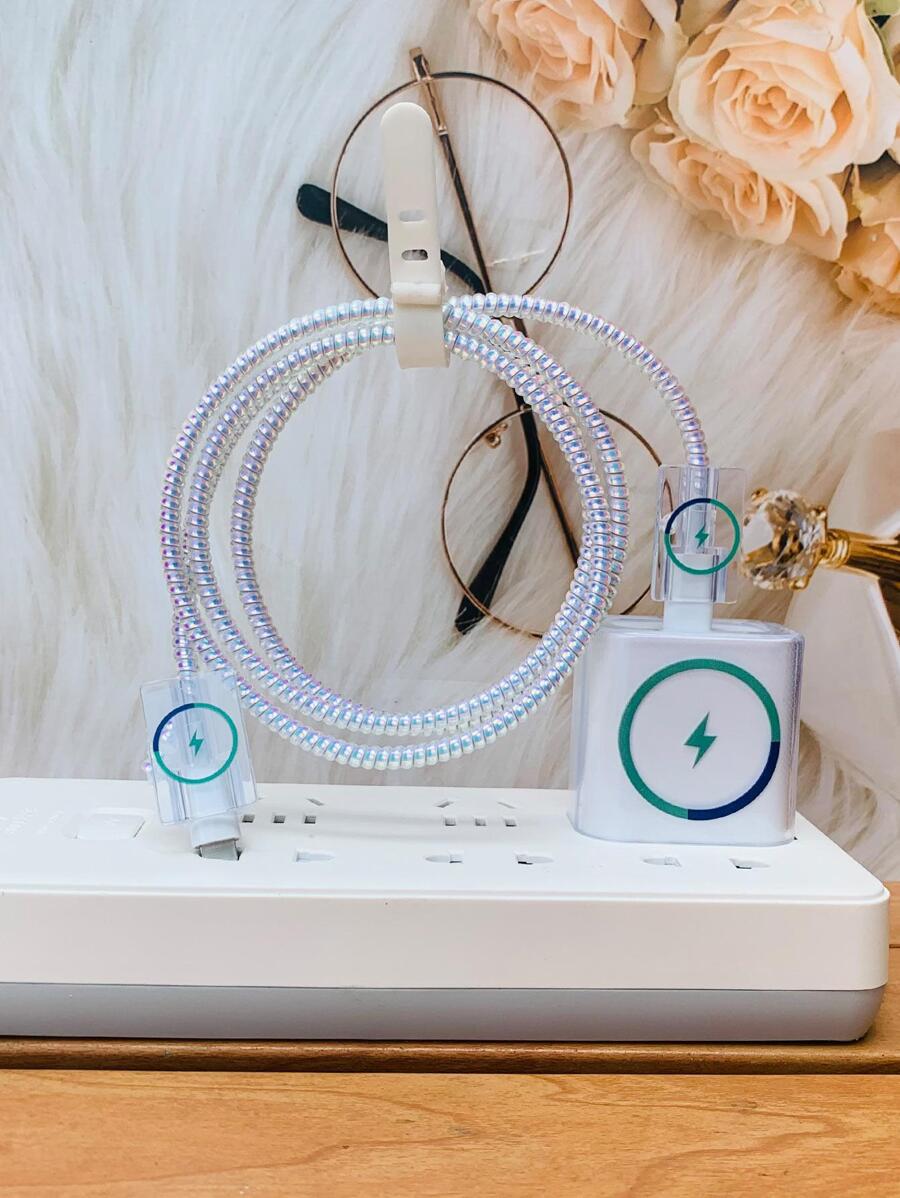 5入組閃電圖案充電頭保護&1.4米鐳射螺旋數據線保護頭套裝適用於iphone - 無色 - 查看 1