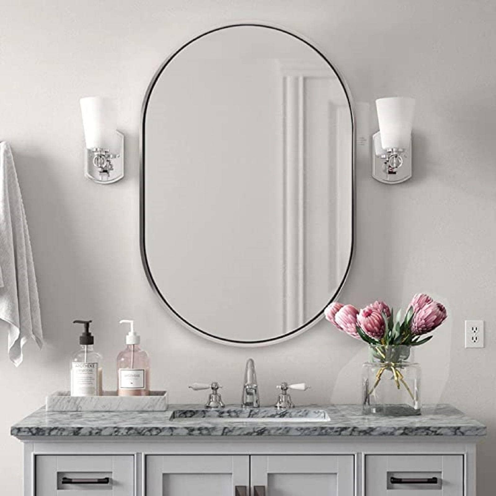 ANDY STAR Oval Mirror for Bathroom,  Oval Bathroom Vanity Mirror, Solid Metal Framed Pill Shaped Mirror Wall Mounted Hangs Horizontally or Vertically - 拉絲鎳 - 查看 1