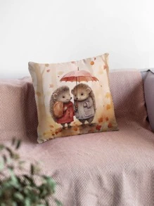 1入組刺猬和雨傘印花靠墊套無填充物，現代梭織面料裝飾抱枕套適用於客廳和臥室 - 彩色 - 查看 1