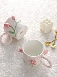 一只創意手繪陶瓷咖啡杯，設有手擠花卉圖案，適用於家庭使用 - 彩色 - 查看 2