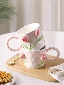 一只創意手繪陶瓷咖啡杯，設有手擠花卉圖案，適用於家庭使用 - 彩色 - 查看 1