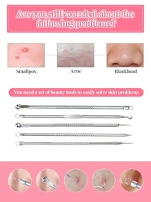 Extractores de acné, 1 set agujas de acero inoxidable para el acné, extractor de acné de doble cabeza, herramienta desmaquillante - Plateado - Ver 5