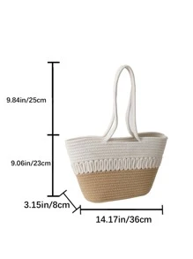 Two Tone Straw Bag Double Handle Medium Vacation - Multicolor - View 7