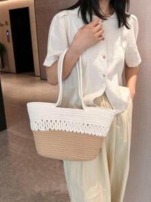 Two Tone Straw Bag Double Handle Medium Vacation - Multicolor - View 2