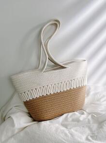 Two Tone Straw Bag Double Handle Medium Vacation - Multicolor - View 4