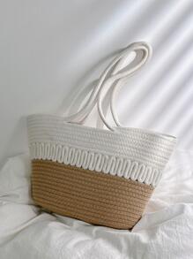 Two Tone Straw Bag Double Handle Medium Vacation - Multicolor - View 1