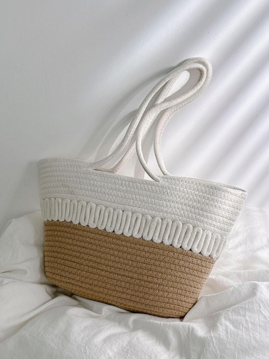 Two Tone Straw Bag Double Handle Medium Vacation - Multicolor - View 1
