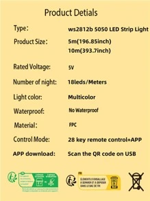 1入組銅質LED燈條，現代多彩WS2812B5050RGBIC28鍵遙控LED燈，適用於家居裝飾 - 彩色 - 查看 10