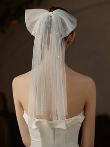 1 件仿珍珠装饰大蝴蝶结设计浪漫优雅新娘头带带面纱发夹 - 米色 - 查看 2