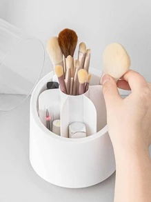 1pc Plastic Makeup Brush Storage Bucket, Minimalist Solid Color Rotatable Makeup Brush Storage Holder For Home - White - View 2