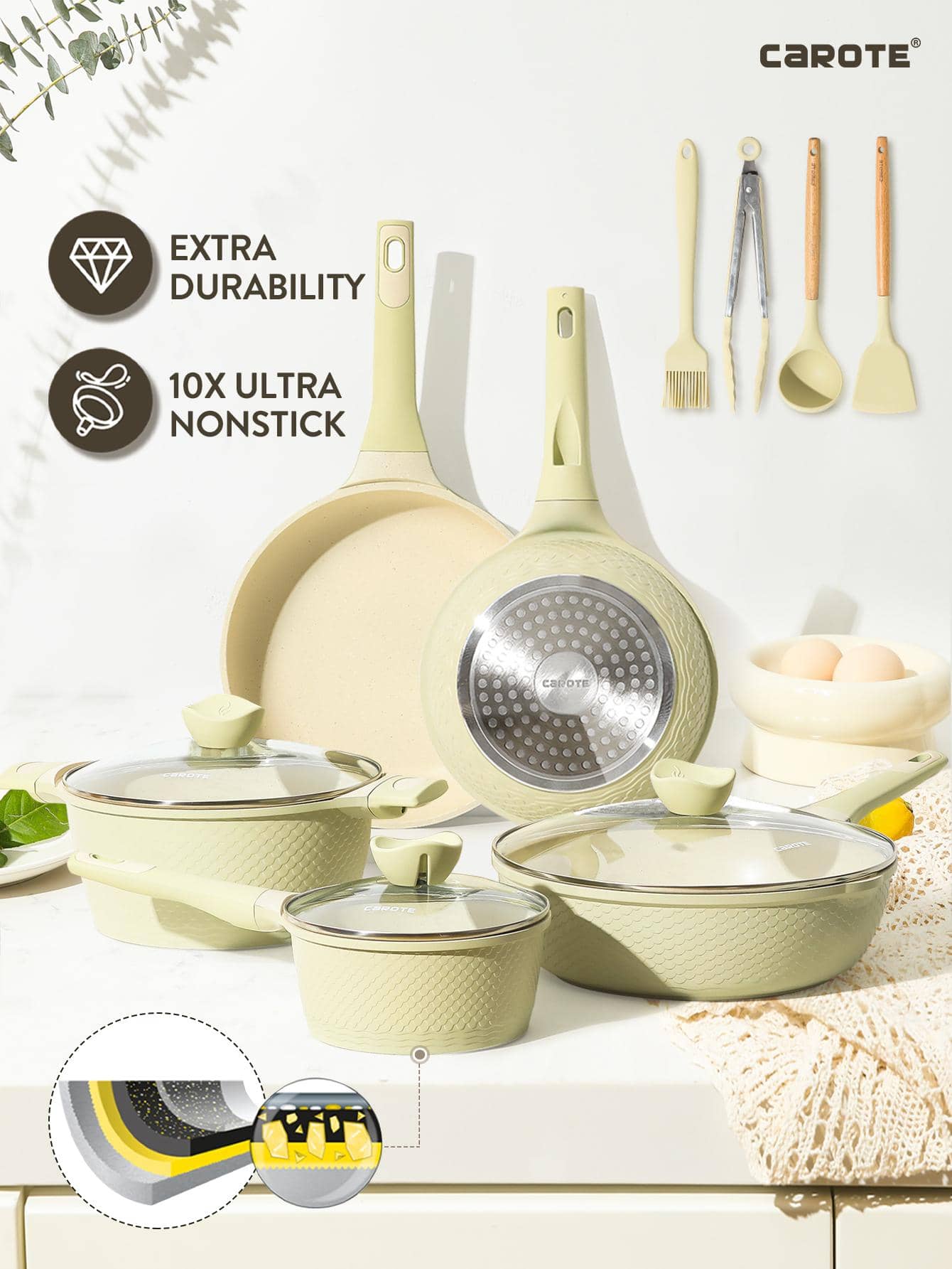 CAROTE 12pcs Nonstick Cookware Set, Heavy-duty Pots and Pans Set, Induction Kitchen Pans for Cooking, Garden Green Cooking Pot - Mint Green - View 1