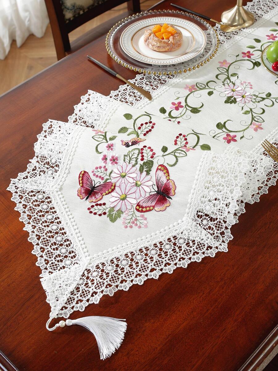 100% 涤纶闪亮金属面料精致水溶性刺绣镂空蕾丝流苏刺绣桌布，情人节厨房餐桌旗，家居装饰，室内室外，派对婚礼，尺寸：1 件桌旗 - 彩色 - 查看 1