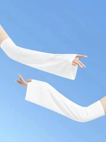 1雙女性簡約風&時尚冰絲防曬袖套帶傘狀袖口,覆蓋 - 白色 - 查看 1