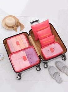 6 piezas/set Organizador de maquillaje poliéster de viaje aseo moderno con estampado de letra rosado portátil para viajar - Rosa - Ver 2