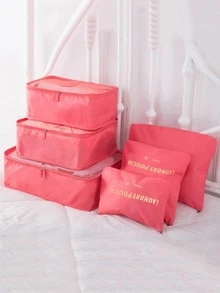 6 piezas/set Organizador de maquillaje poliéster de viaje aseo moderno con estampado de letra rosado portátil para viajar - Rosa - Ver 3