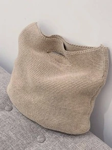 女士復古針織單肩包,大容量滌綸手提包帶雙把手辦公和旅行 - 杏色 - 查看 2