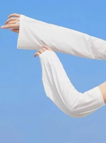 1雙女性簡約風&時尚冰絲防曬袖套帶傘狀袖口,覆蓋 - 白色 - 查看 2