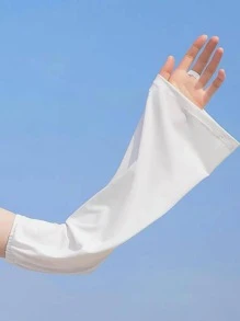 1雙女性簡約風&時尚冰絲防曬袖套帶傘狀袖口,覆蓋 - 白色 - 查看 5