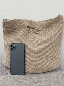 女士復古針織單肩包,大容量滌綸手提包帶雙把手辦公和旅行 - 杏色 - 查看 6