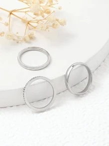 Set of 3 Stylish Stainless Steel 4mm Women's Rings with Rhinestones Gift - Silver - View 2