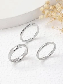 Set of 3 Stylish Stainless Steel 4mm Women's Rings with Rhinestones Gift - Silver - View 1