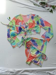 Tie Dye Bikini Set For Summer Beach With Cover Up Set - Multicolor - View 1