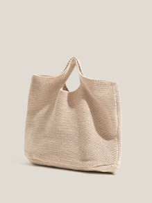 女士復古針織單肩包,大容量滌綸手提包帶雙把手辦公和旅行 - 杏色 - 查看 3