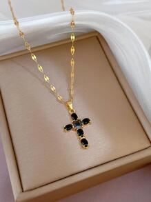 1入組不銹鋼鏈條多顏色人造水晶十字吊墜項鍊 - 黑色 - 查看 2