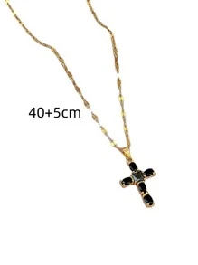 1入組不銹鋼鏈條多顏色人造水晶十字吊墜項鍊 - 黑色 - 查看 3