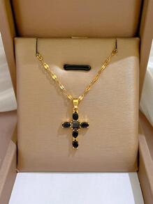 1入組不銹鋼鏈條多顏色人造水晶十字吊墜項鍊 - 黑色 - 查看 1