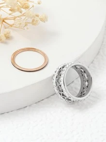 2入組/套精美不銹鋼方晶鋯石和愛心裝飾圓環適合女士適用於禮品 - 銀色 - 查看 3