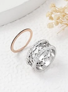 2入組/套精美不銹鋼方晶鋯石和愛心裝飾圓環適合女士適用於禮品 - 銀色 - 查看 1