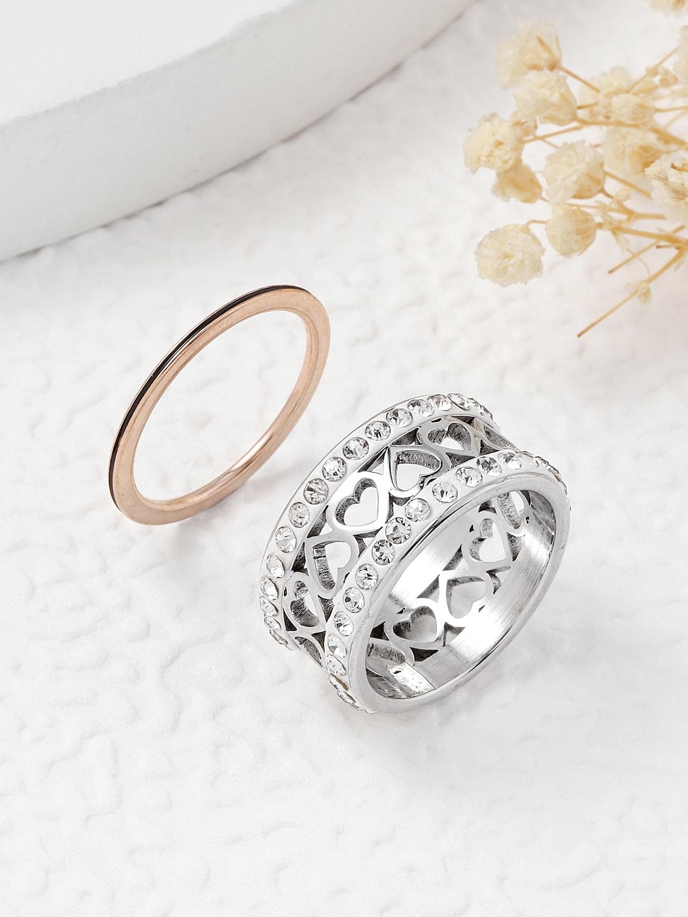 2入組/套精美不銹鋼方晶鋯石和愛心裝飾圓環適合女士適用於禮品 - 銀色 - 查看 1