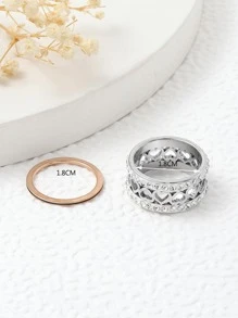 2入組/套精美不銹鋼方晶鋯石和愛心裝飾圓環適合女士適用於禮品 - 銀色 - 查看 2
